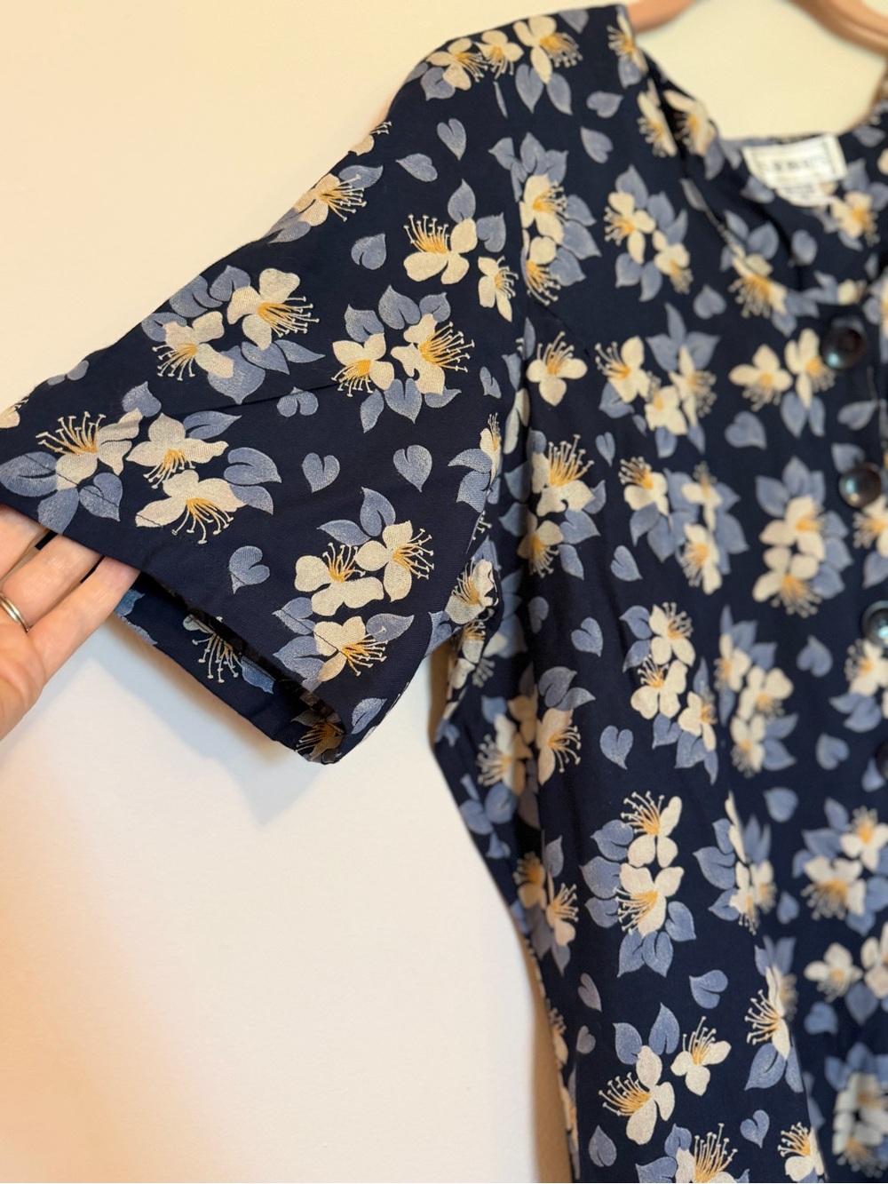 Vintage Navy Floral Button-Front Midi Dress with Yellow Flowers - Picture 3 of 6